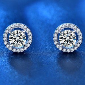 Certified 1ct. t.w. Diamond Moissanite Round Halo Stud Earrings NEW